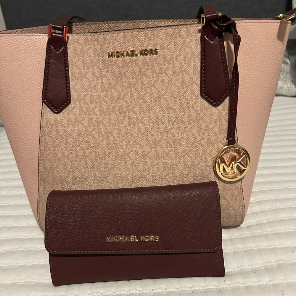 Michael Kors Blush and Burgundy Tote with Wallet